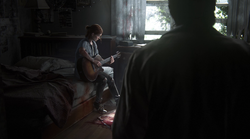 Morte impactante de The Last of Us 2 - Ellie tocando violão e a sombra de Joel chegando perto