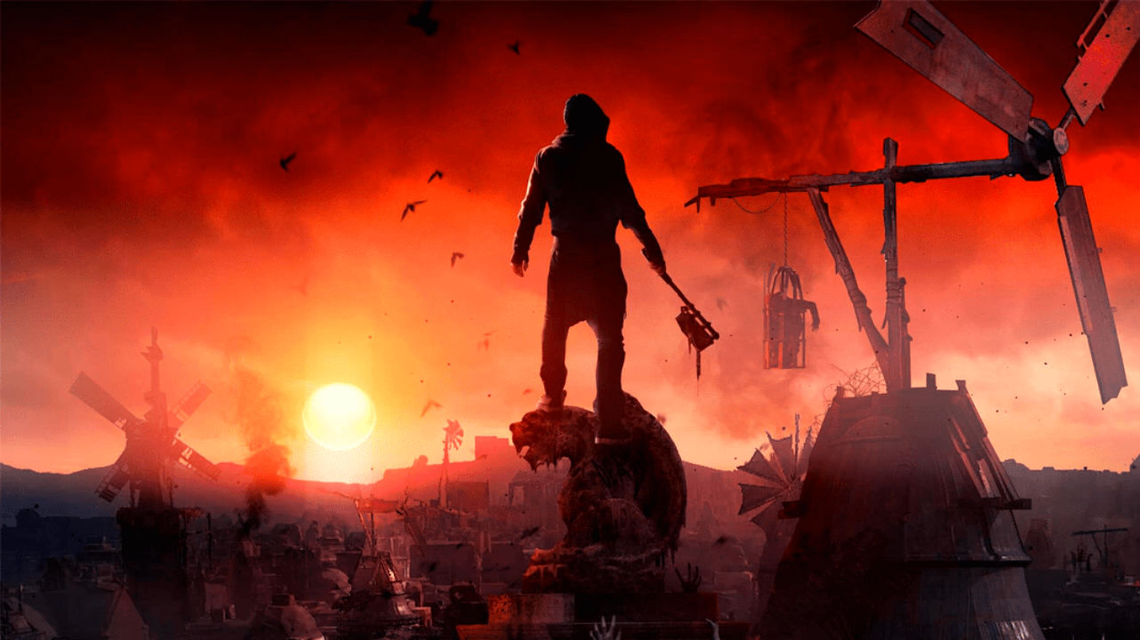 Personagem de Dying Light 2 olhando para a cidade do game ao por do sol.