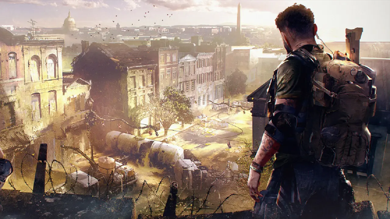 Soldado de The Division olhando para uma cidade em ruínas.