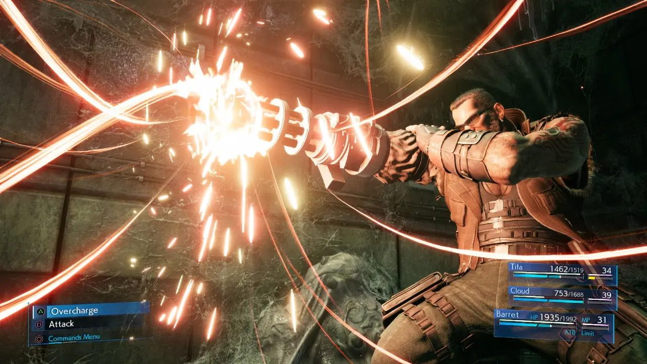 Barret, de Final Fantasy VII, em combate carregando sua metralhadora que fica no lugar de seu braço