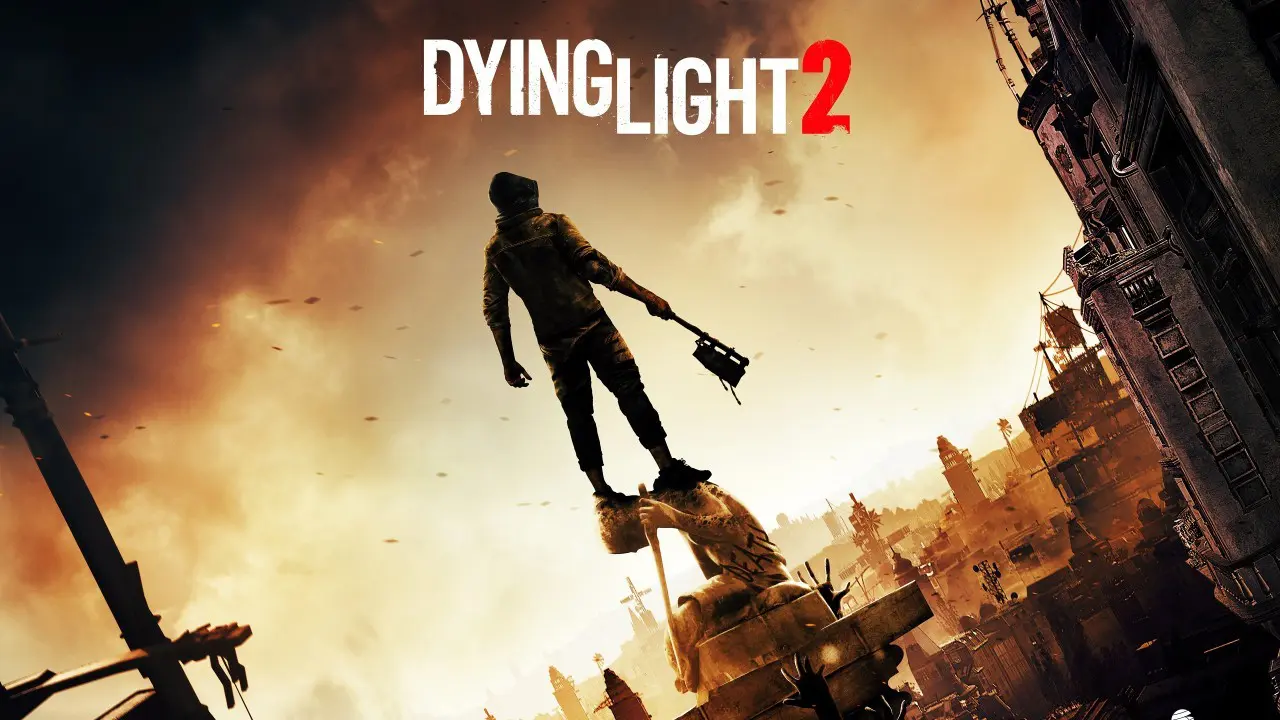 Personagem do jogo Dying Light 2 em cima de uma construção, segurando uma machete e olhando para a cidade.