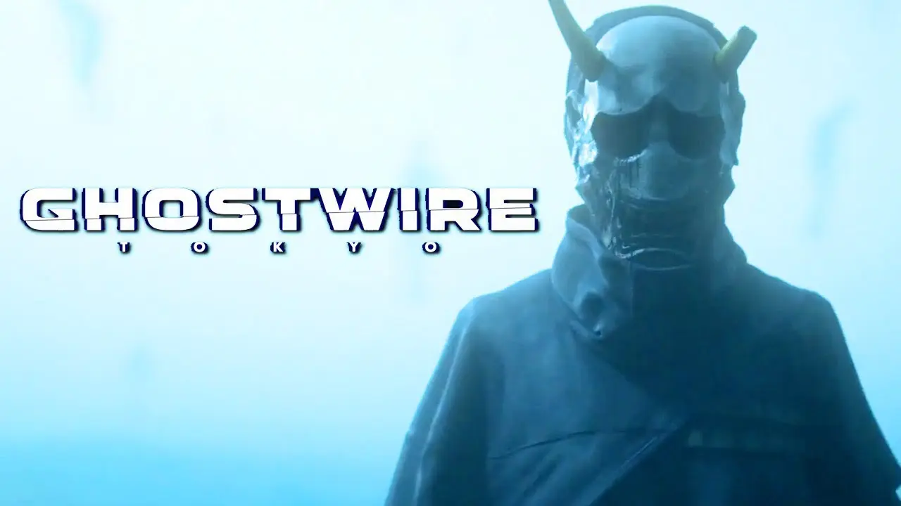 Imagem do protagonista de GhostWire Tokyo com uma máscara e a logo do game ao lado