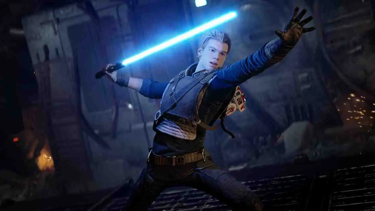 Cal Kestis, protagonista de Star Wars Jedi: Fallen Order segurando um sabre de luz azul.