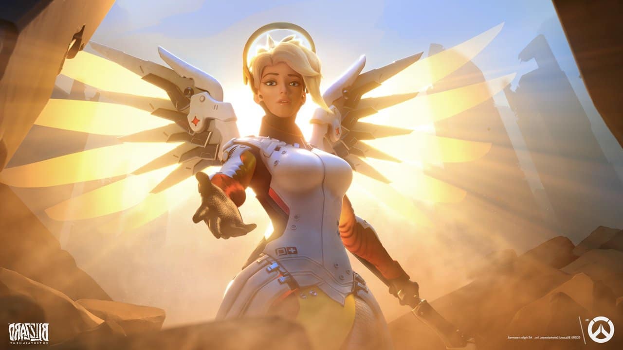 Mercy, personagem suporte de Overwatch 2, com asas de anjo douradas estendendo a mão