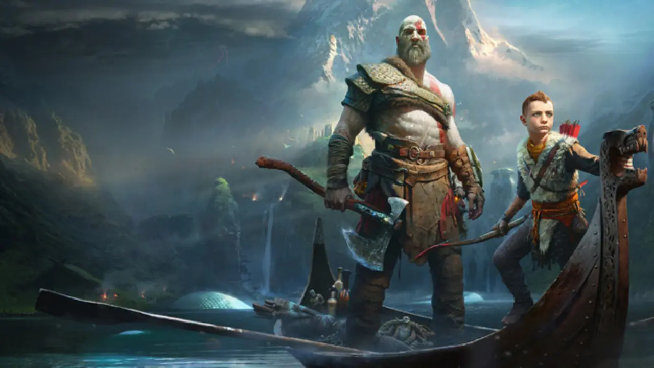 Imagem de capa de God of War com Kratos e seu filho Atreus em cima de um barco