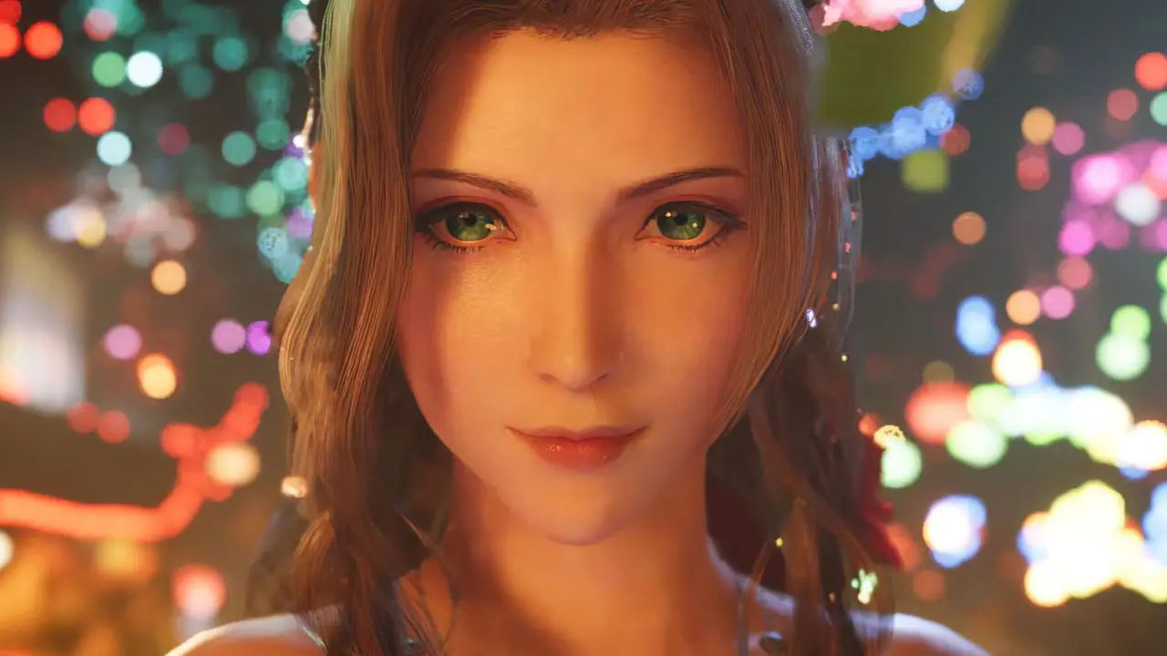 Aerith encarando a câmera com seus olhos verdes e uma série de fogos e explosivos coloridos no fundo - Final Fantasy VII Remake