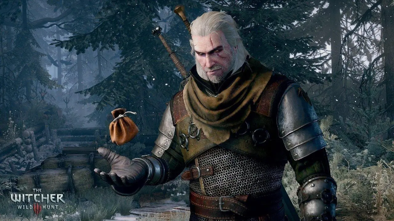 Geralt de Rivia, de The Witcher 3, em uma floresta jogando um saco de moedas de ouro para cima.