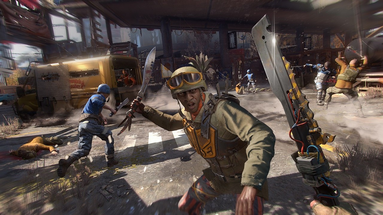 Vários soldados armados com facas e machetes nas ruas do jogo Dying Light 2. 