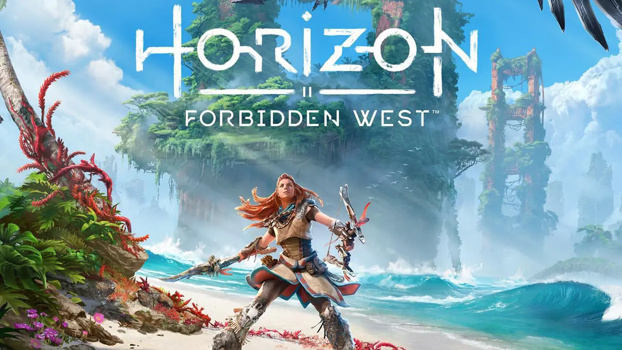 Imagem de capa de Horizon Forbidden West com a protagonista Aloy segurando um arco e flecha em uma praia