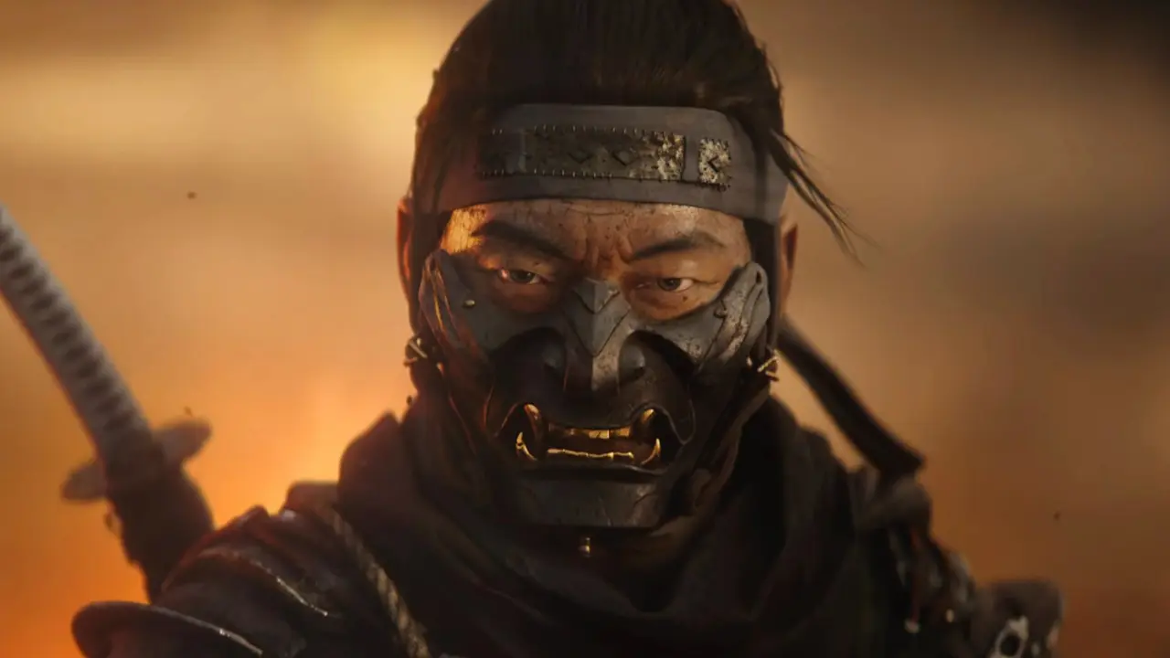 Jin Sakai de Ghost of Tsushima com uma máscara preta de Hanya.