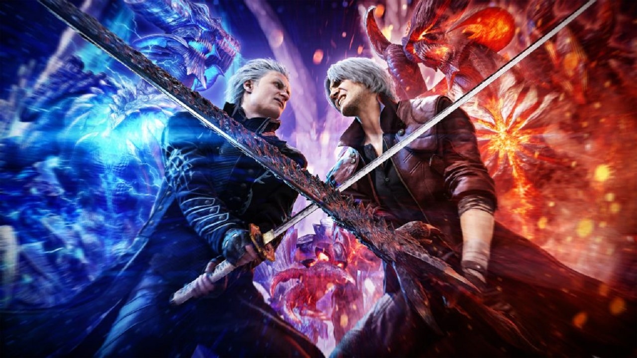 Dante e Vergil em uma briga de espadas em Devil May Cry 5