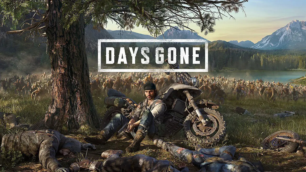 Deacon, protagonista de Days Gone, sentado em baixo de uma árvore e encostado em sua moto, enquanto ao fundo zumbis se aproximam.