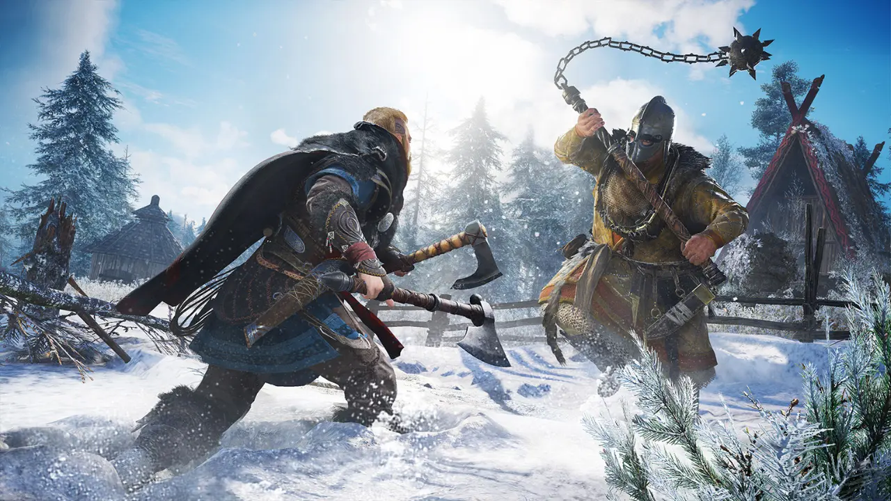 Imagem do protagonista de AC Valhalla lutando contra um inimigo em um cenário com neve