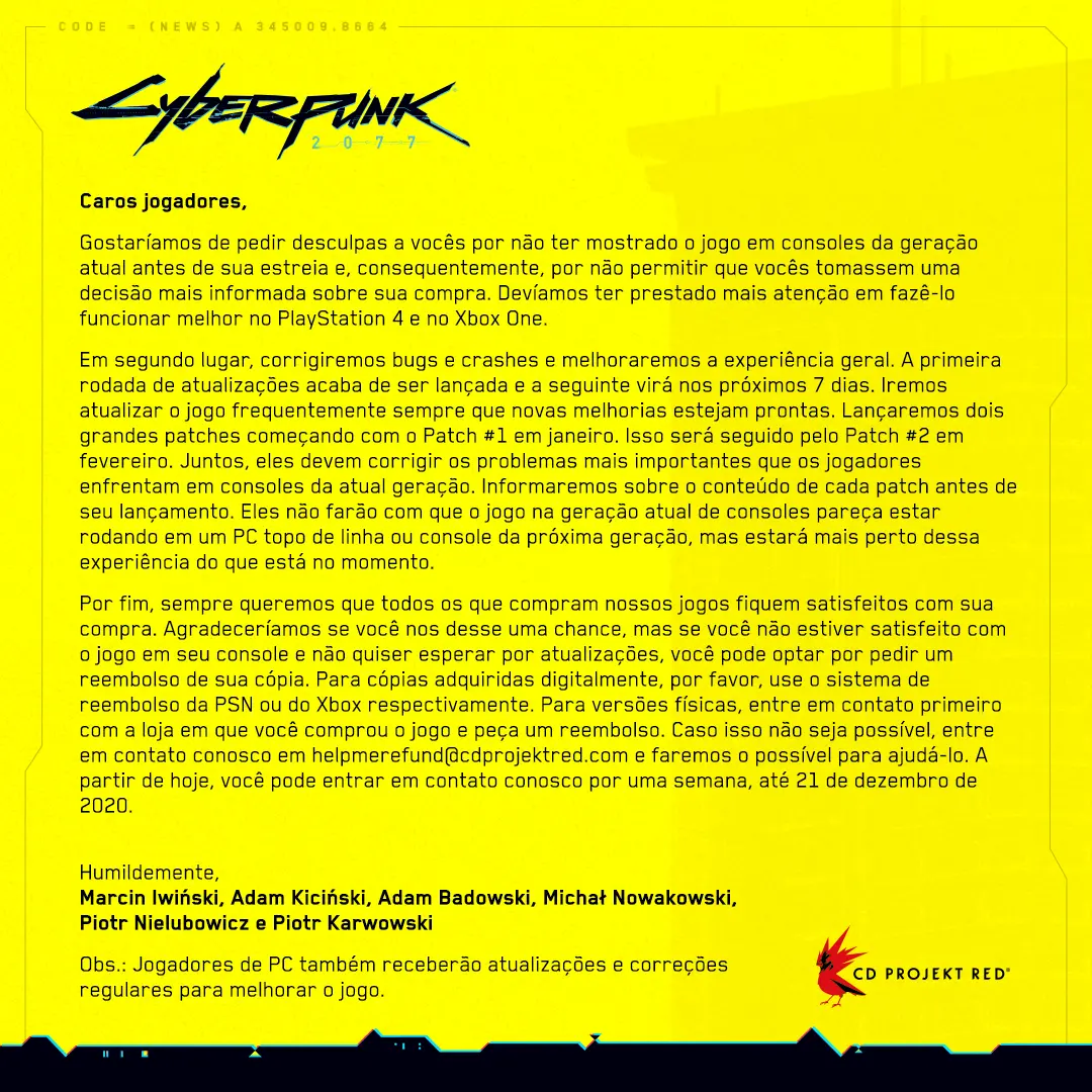 Carta - reembolso por Cyberpunk 2077
