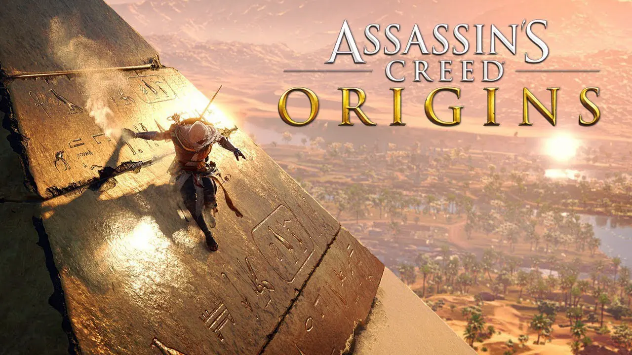 Imagem de capa do jogo Assassin's Creed Origins com o protagonista descendo uma pirâmide