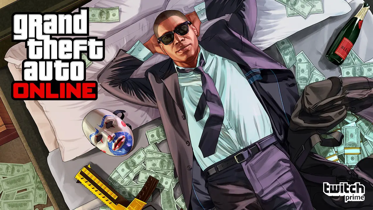 Personagem de GTA Online deitado em uma cama cheia de dinheiro e armas
