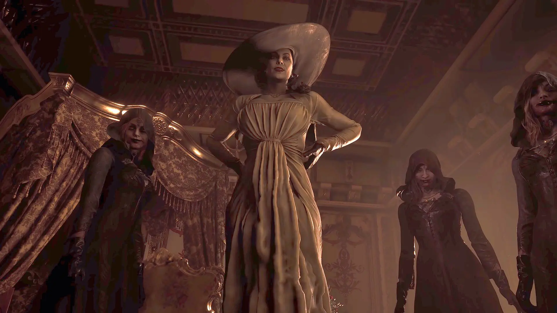 Lady DImitrescu e suas filhas em um quarto de castelo em Resident Evil Village