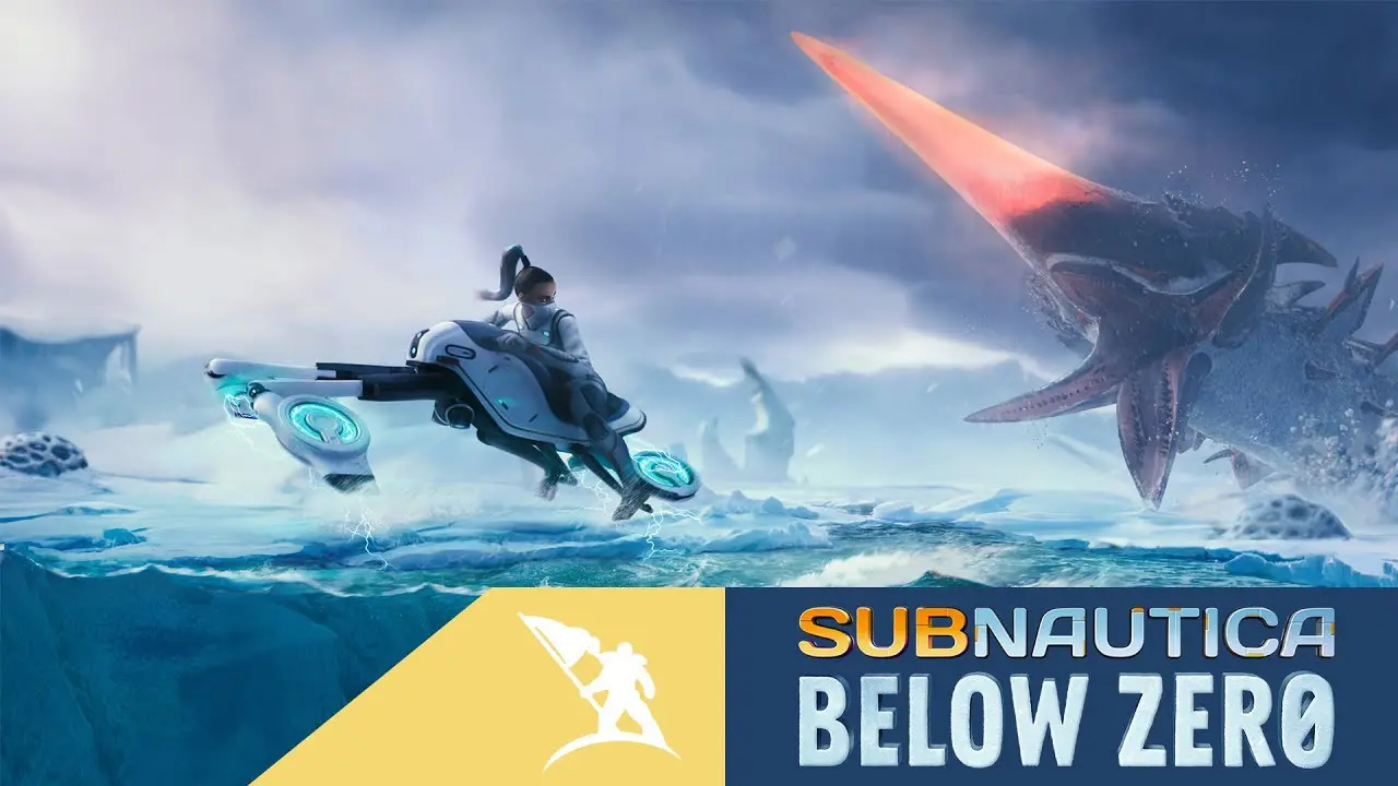 Imagem de capa do jogo Subnautica Below Zero com uma personagem montada em um veículo, fugindo de um inimigo