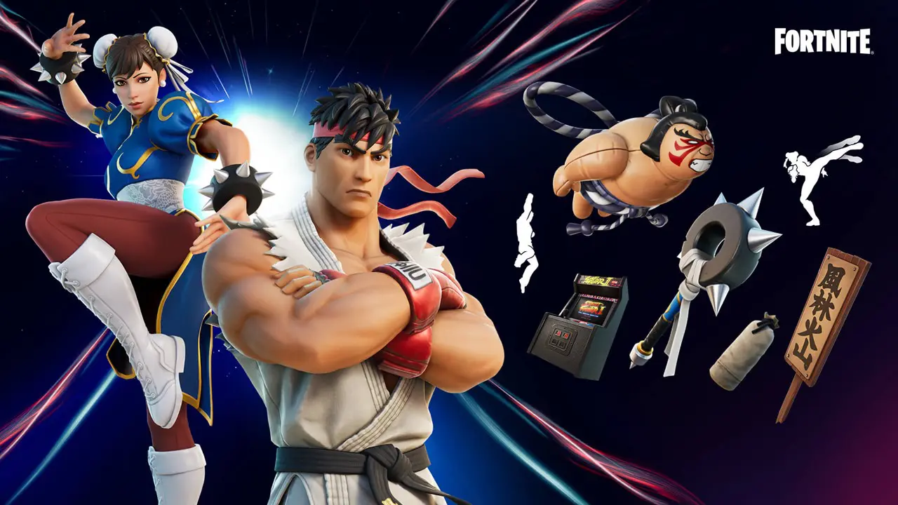 Pacote de Street Fighter em Fortnite. A imagem mostra Chun-Li, Ryu e os itens disponíveis no pacote.