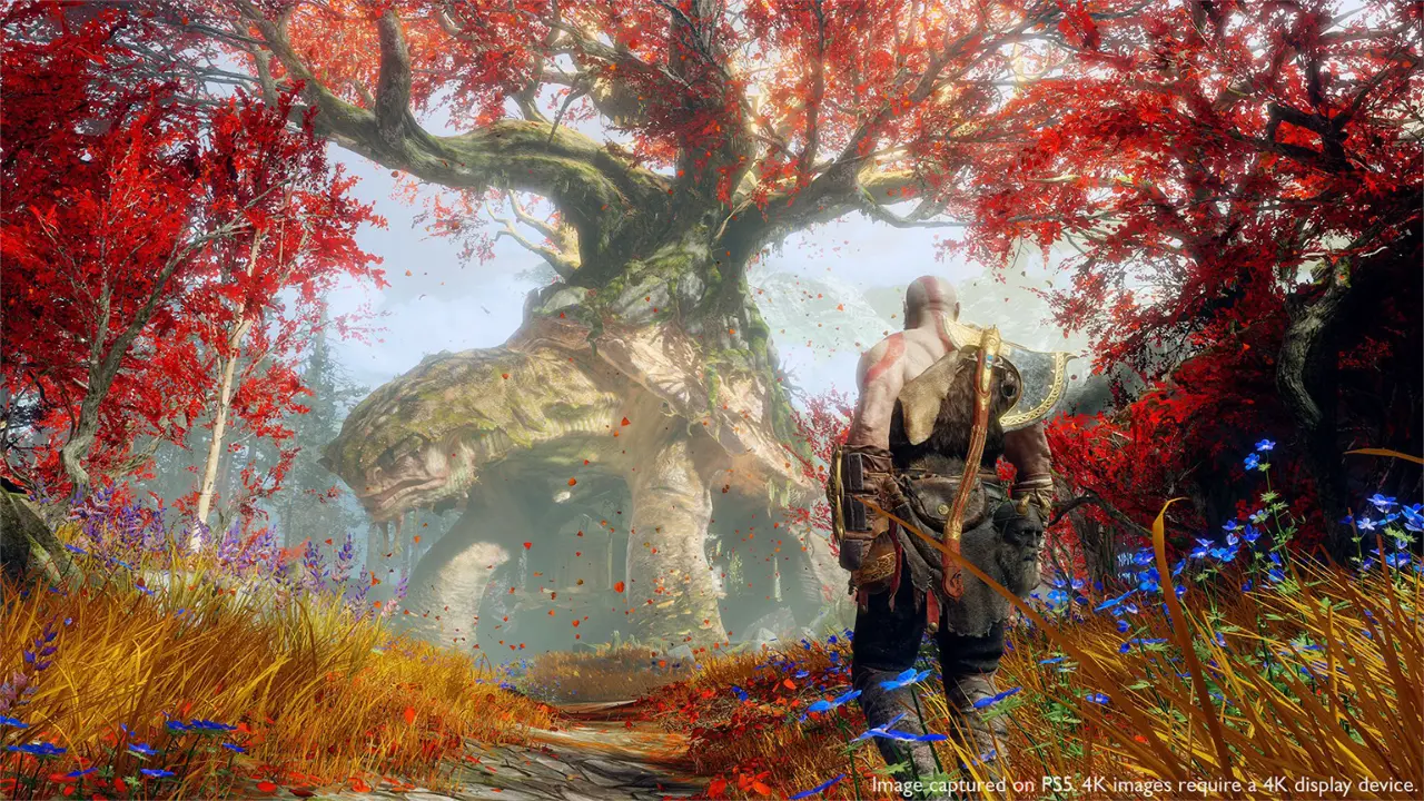 Kratos, de God of War, olhando para um animal na floresta.