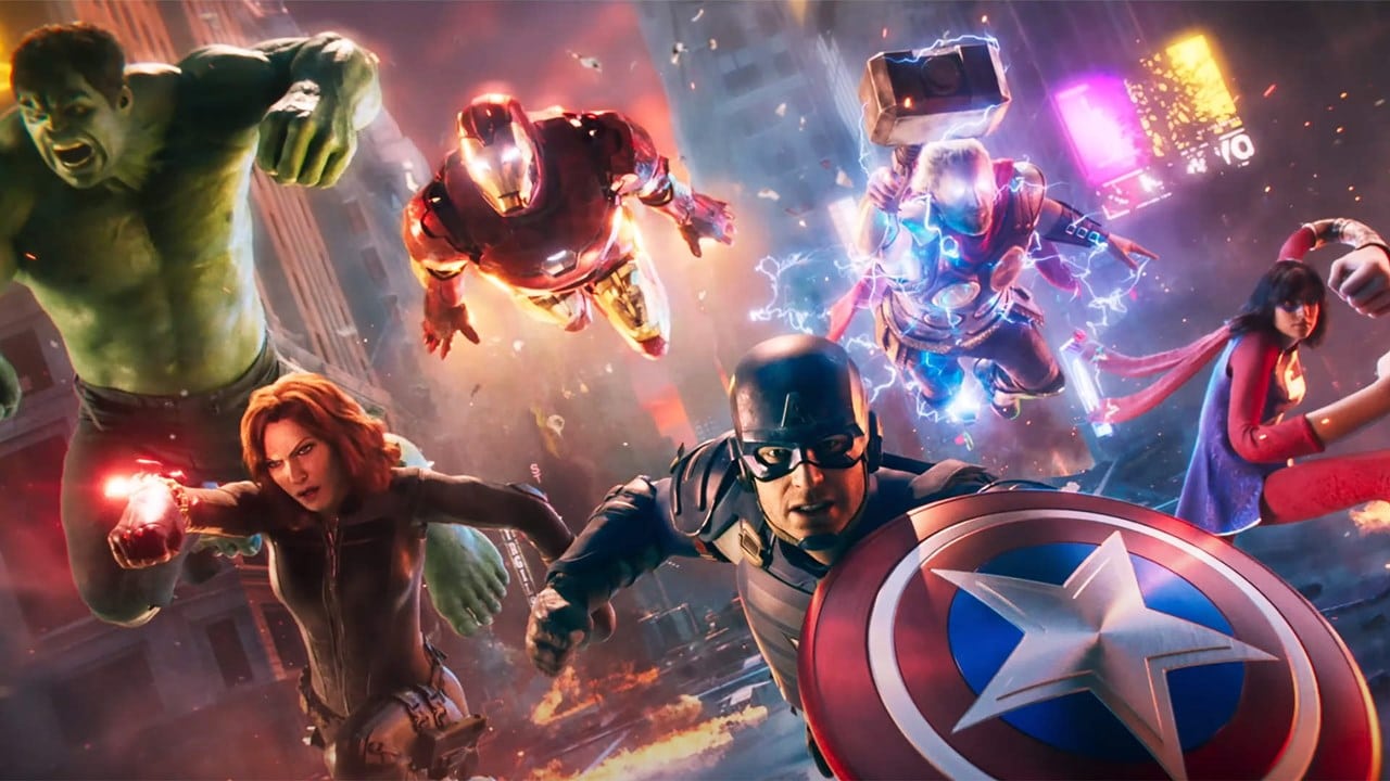 Hulnk, Viuva Negra, Homem de Ferro, Capitão América, Thor e Kamala Khan em imagem promocional do jogo Marvel's Avengers. 