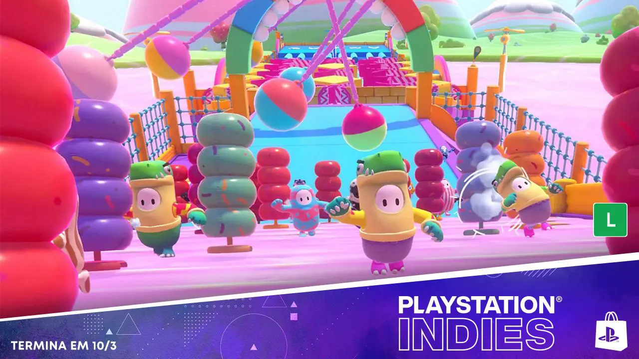 Imagem da matéria sobre a Sony com o personagem de Fall Guys correndo nos descontos em jogos da PS Store