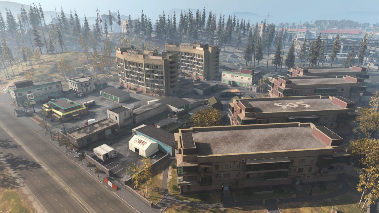 Warzone Imagem com a parte oeste do mapa Verdansk, do jogo Call of Duty: Warzone
