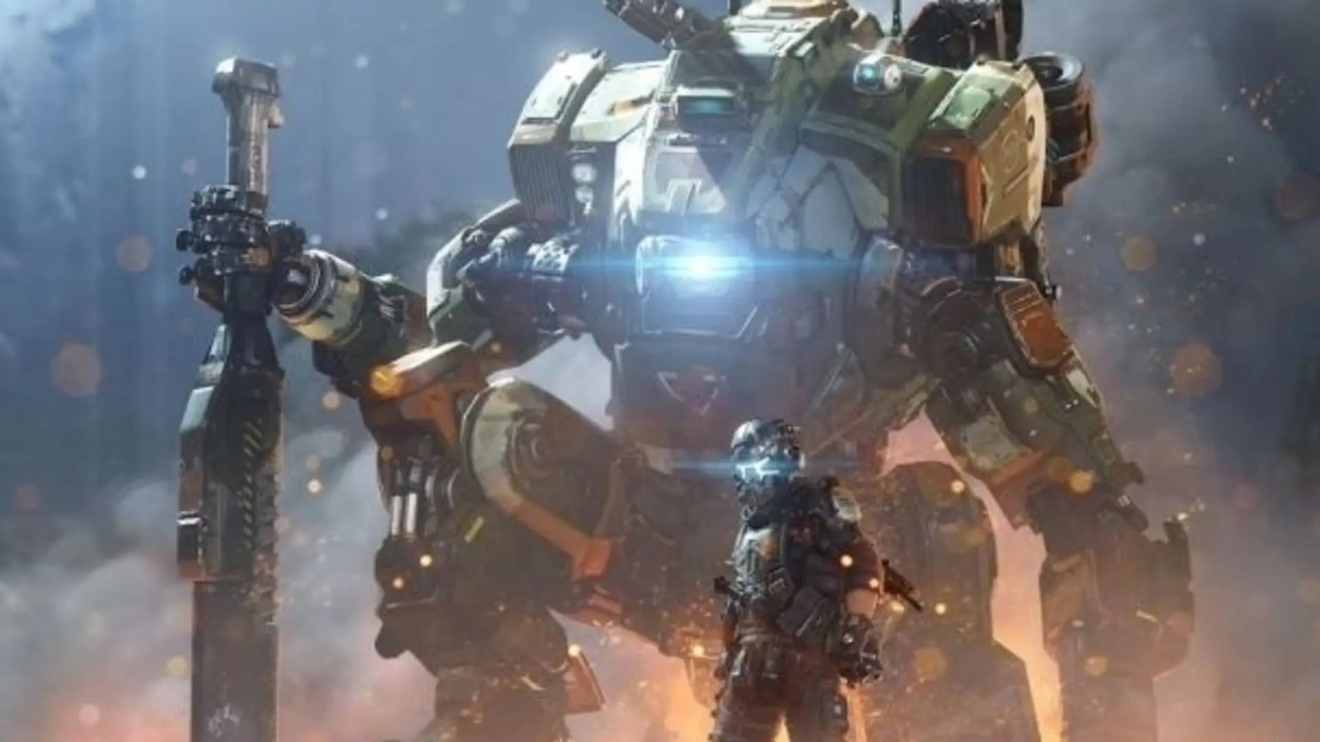 EA - Titanfall; Personagem do game à frente, robô gigante, chamado de titã, ao fundo com luzes nos olhos em posição de batalha com o ambiente destruído ao redor.