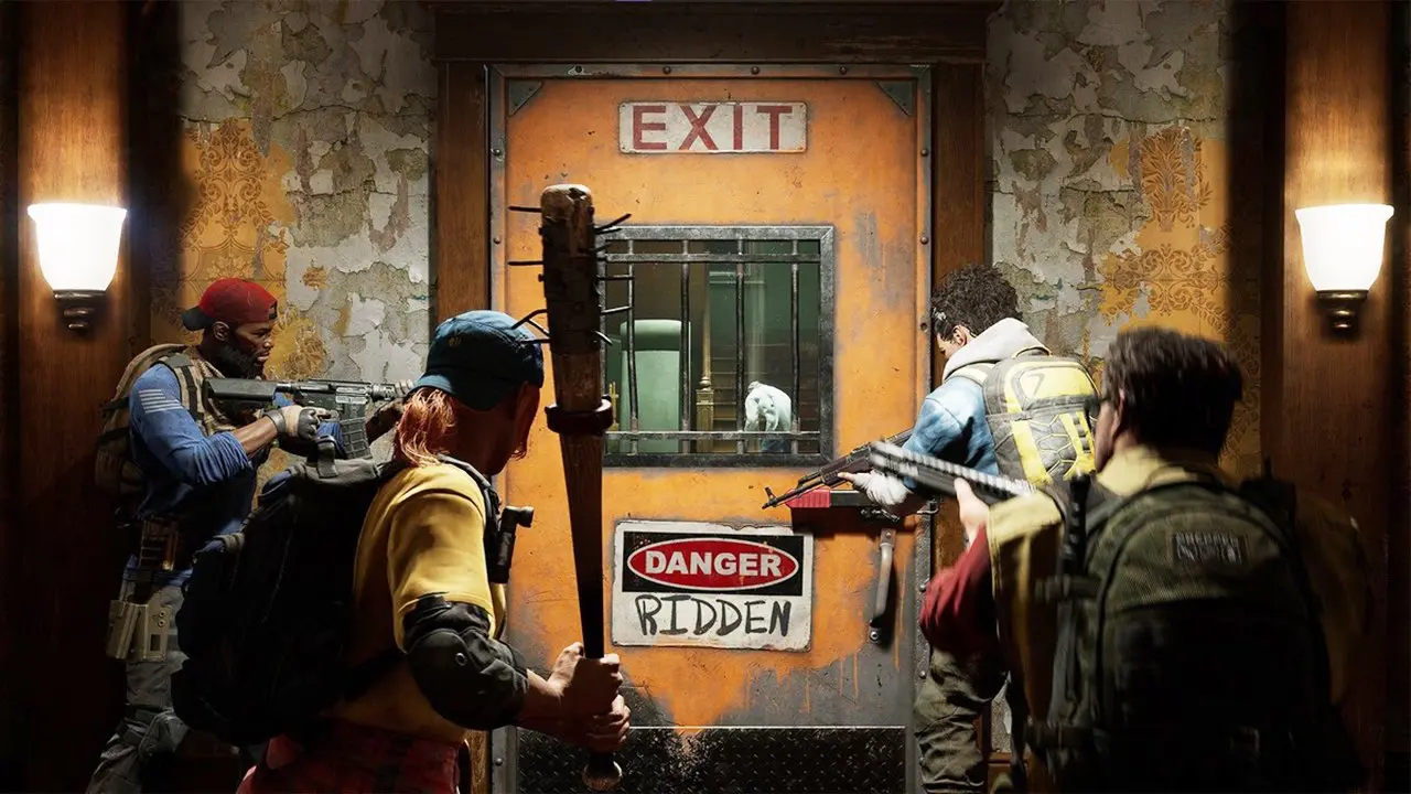Quatro personagens do beta aberto de Back 4 Blood armados diante de uma porta.