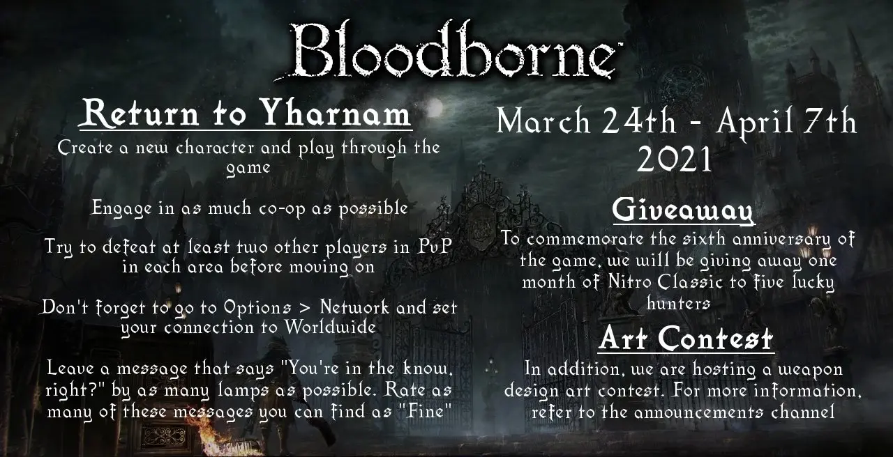 Convite da comunidade de Bloodborne para comemorar o sexto aniversário do título.