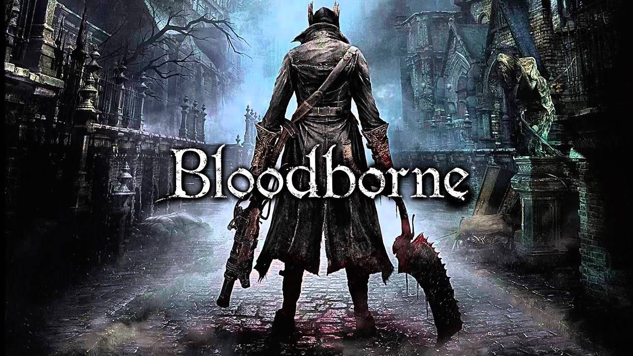 Imagem de capa do jogo Bloodborne com o "caçador" ao fundo