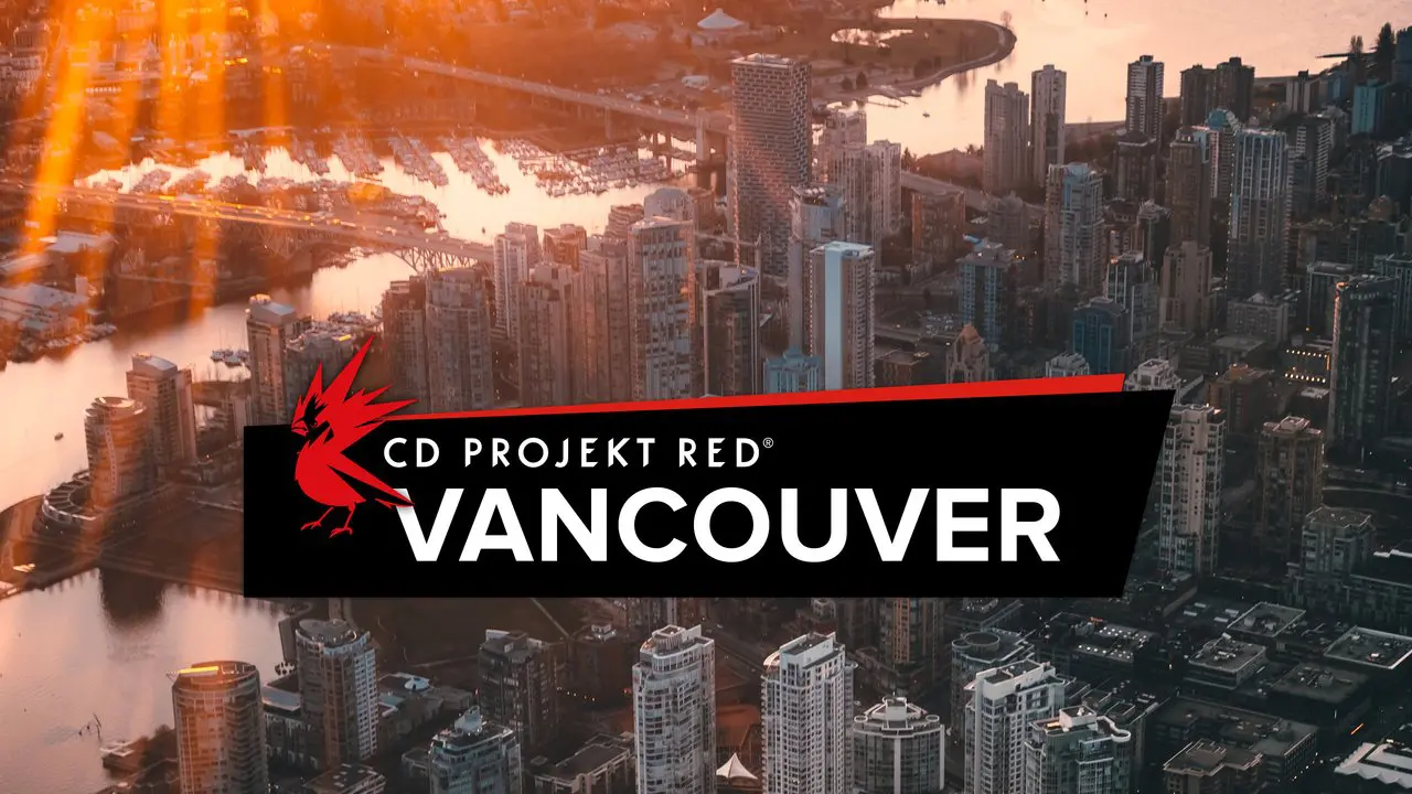 Imagem do logo da CD Projekt RED Vancouver e a cidade ao fundo