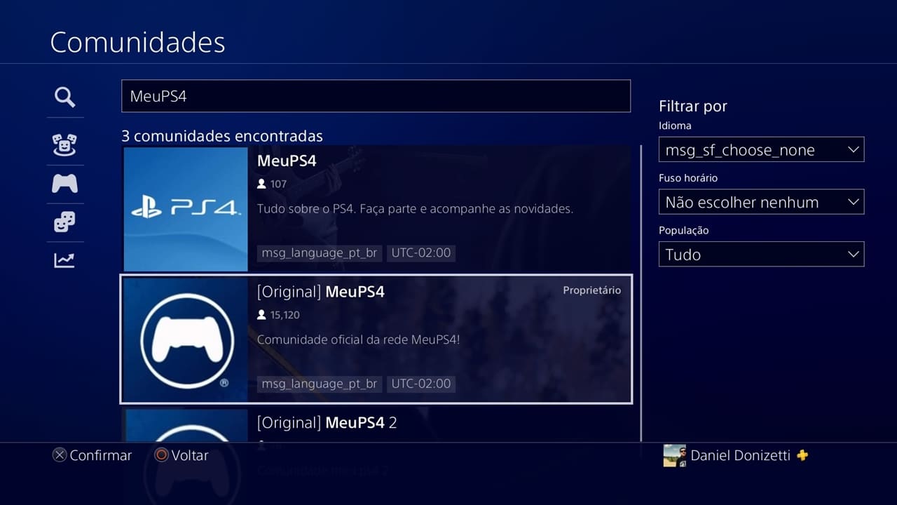 Aba da funcionalidade Comunidades no PS4