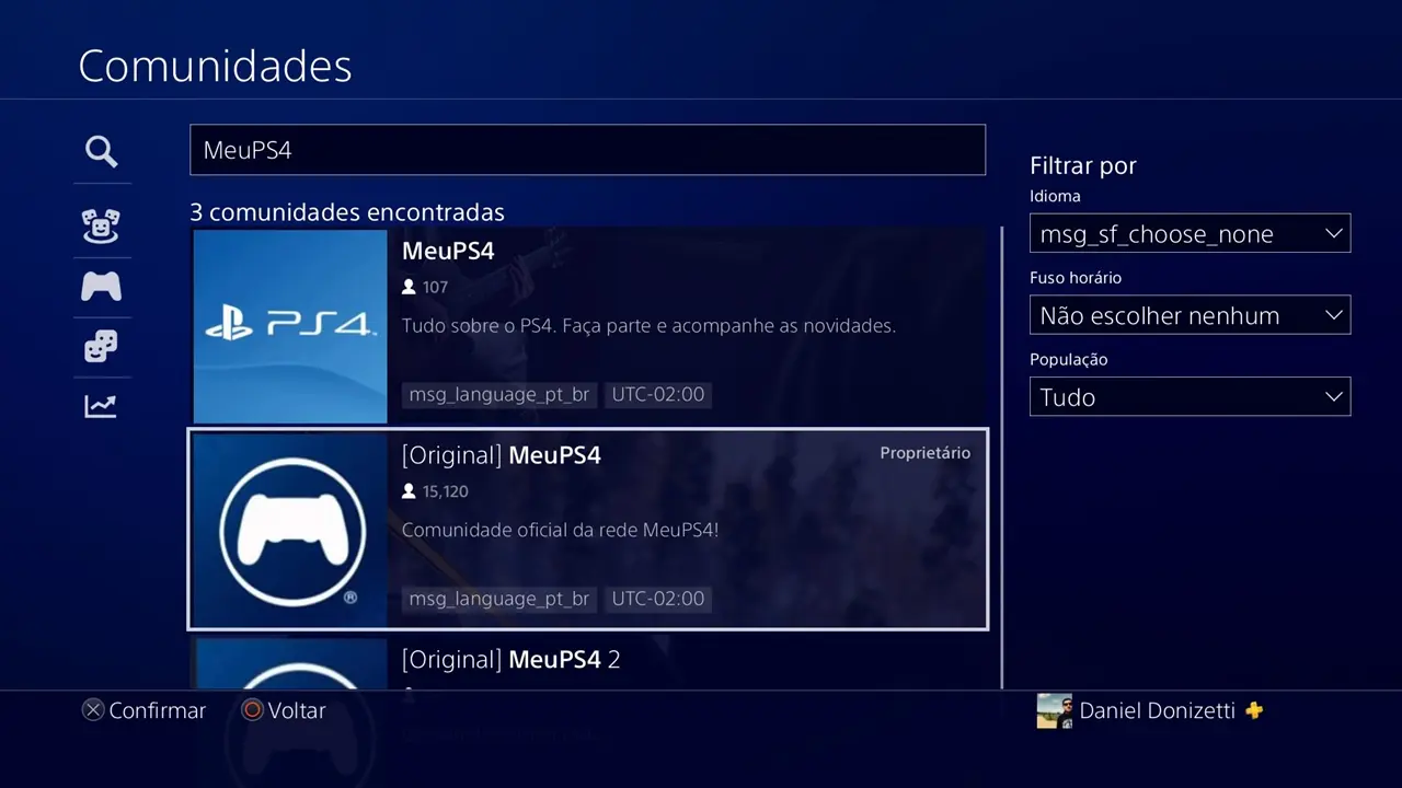 Aba da funcionalidade Comunidades no PS4