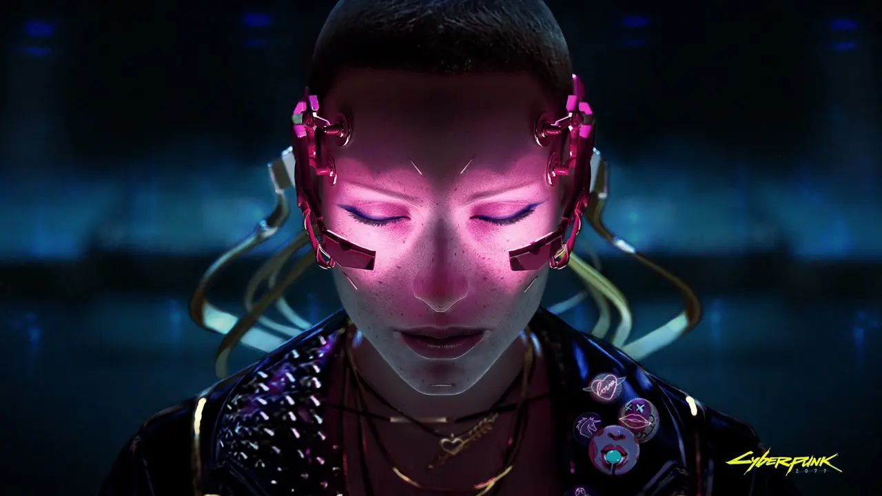 Personagem de Cyberpunk 2077 com neon roxo no rosto.