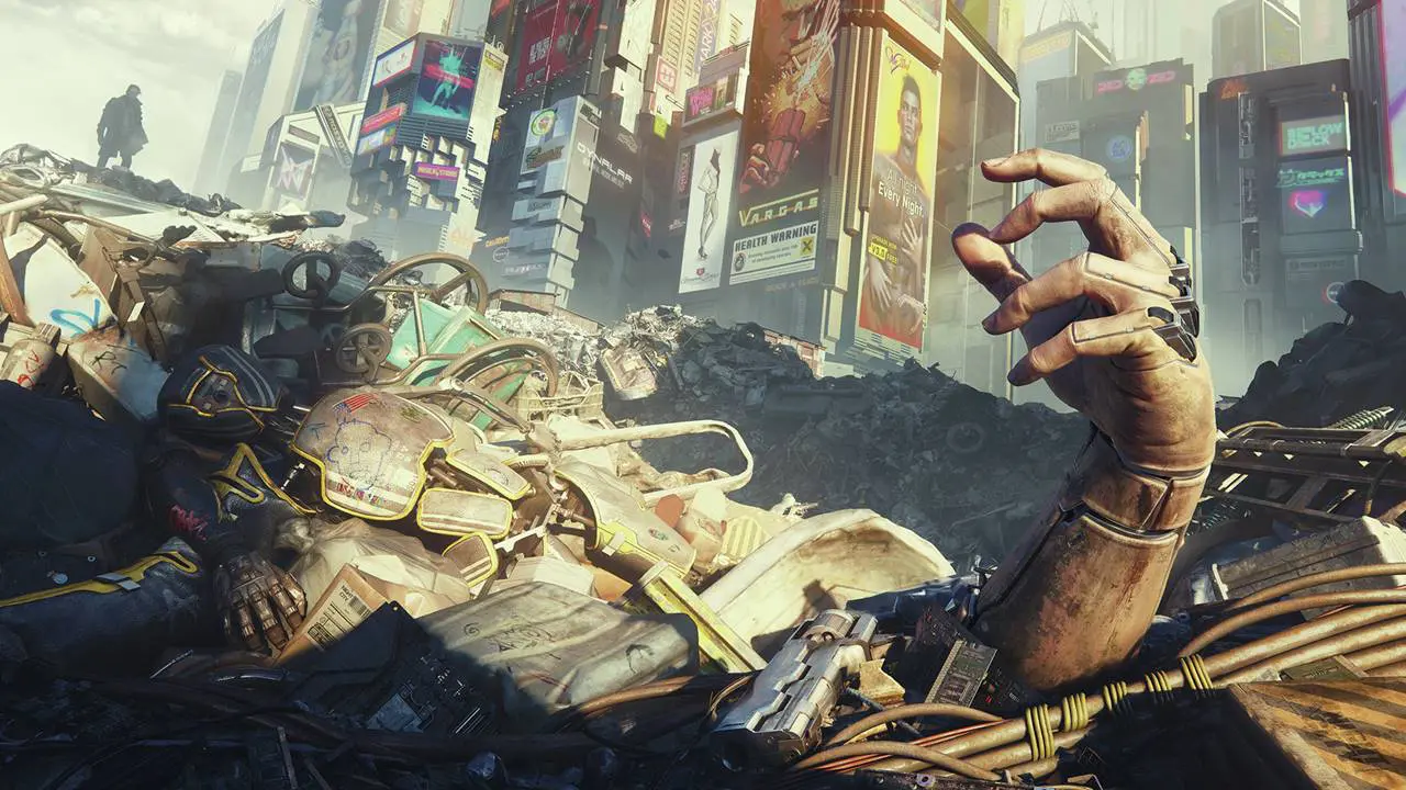 Mão saindo de escombros em arte de Cyberpunk 2077.