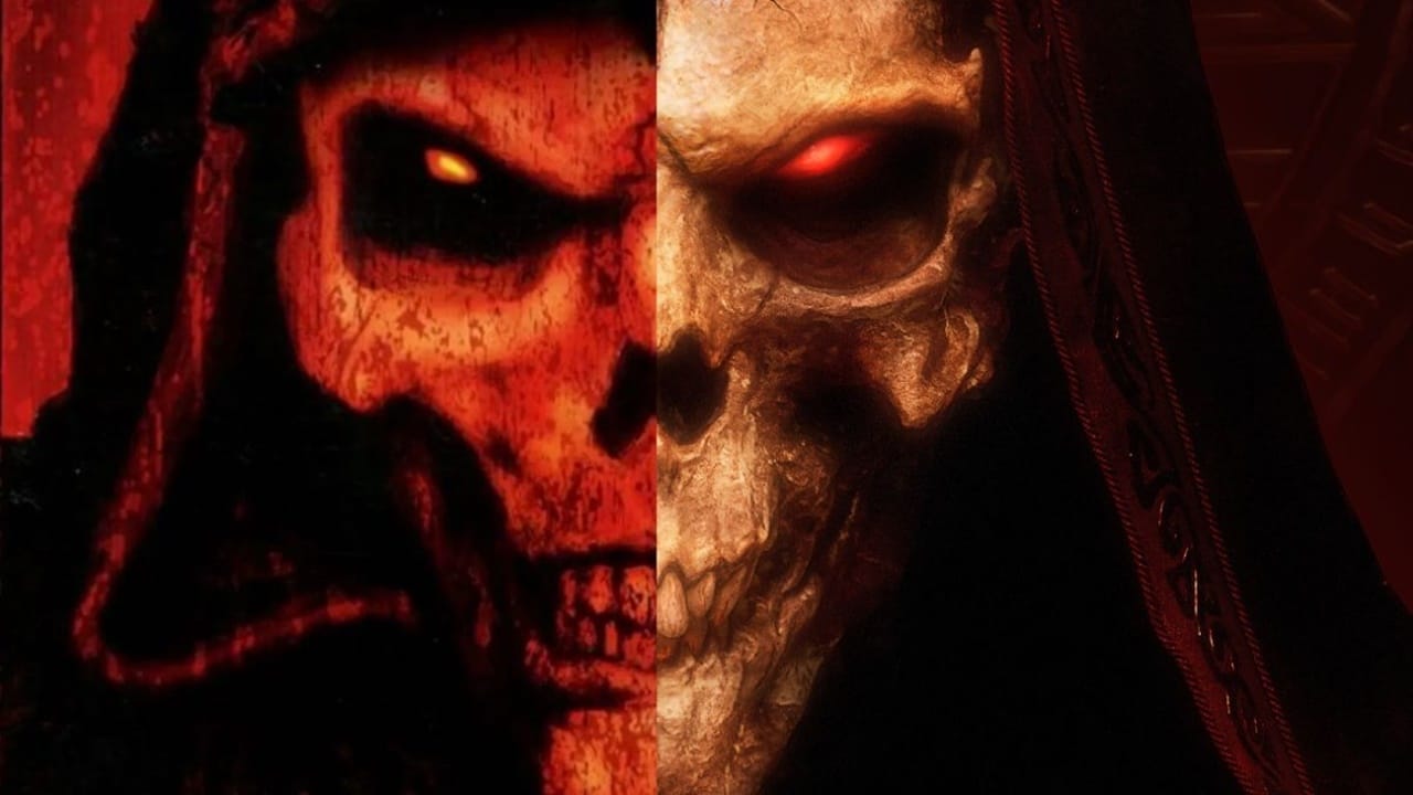 Diablo II Resurrected com o símbolo da caveira, típico da arte do jogo.