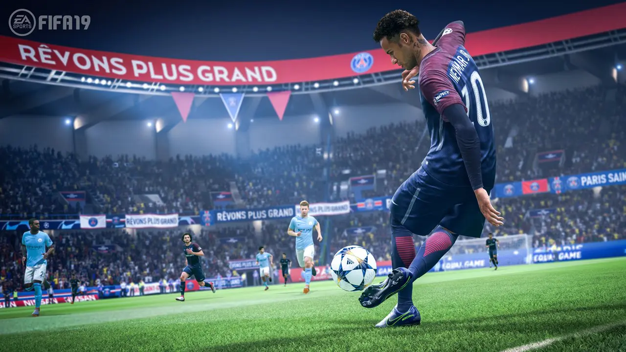 Neymar dominando a bola em FIFA, jogo de futebol da Electronic Arts.