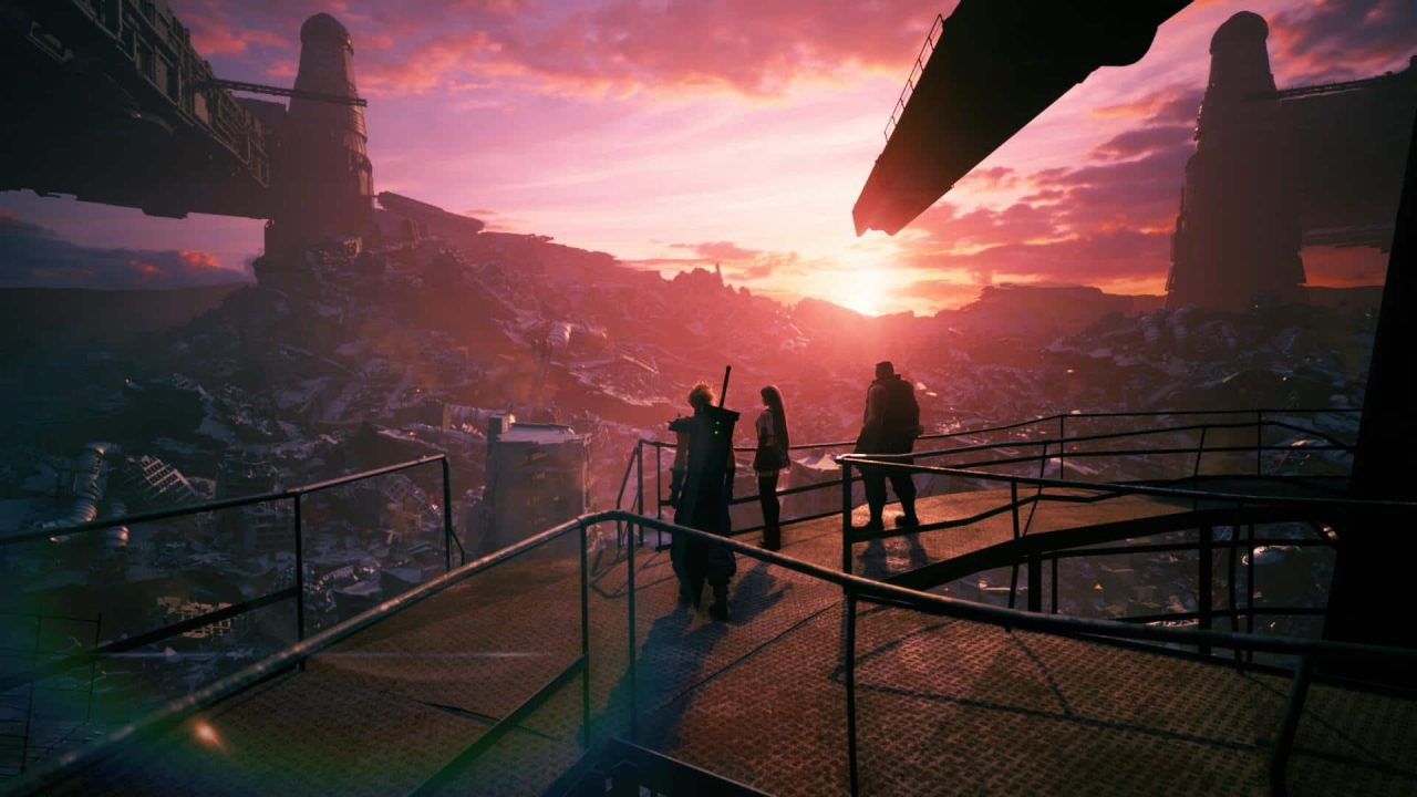 Imagem de capa do jogo Final Fantasy VII Remake IntergradeIntergrade (3) com os personagens principais olhando para o horizonte