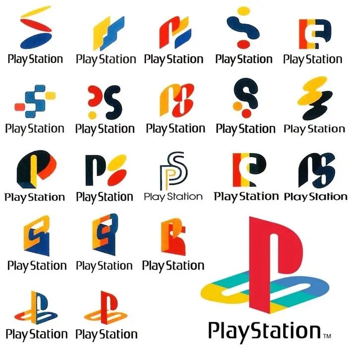 Logotipos testados para a marca PlayStation nos anos 90.