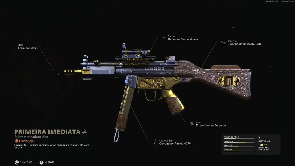 Nova skin lendária para a submetralhadora MP5 em Warzone com detalhes em dourado, inclusa no passe de batalha