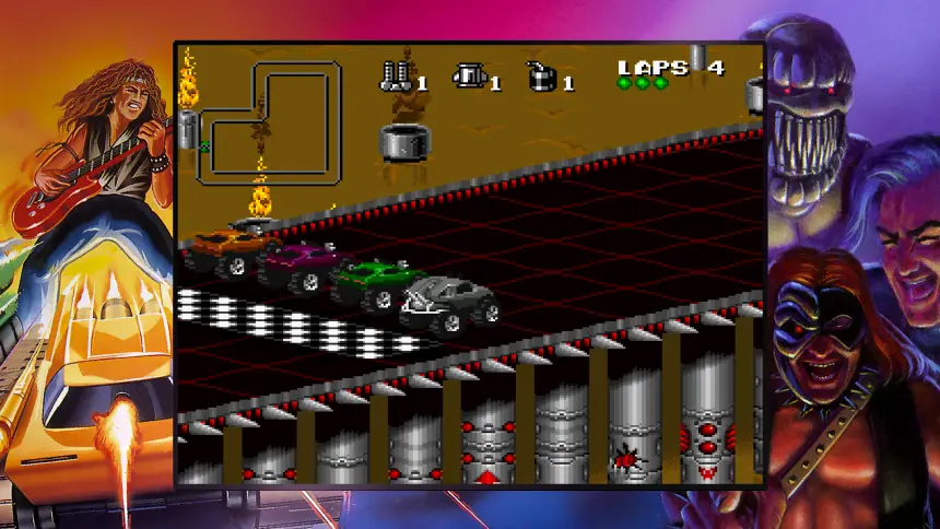 Imagem com carros na linha de partida o jogo Rock N Roll Racing pertencente ao Blizzard Arcade Collection