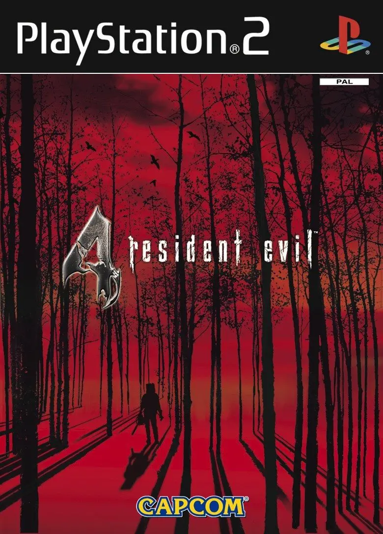 Capa de PS2 com fundo vermelho de Resident Evil 4.
