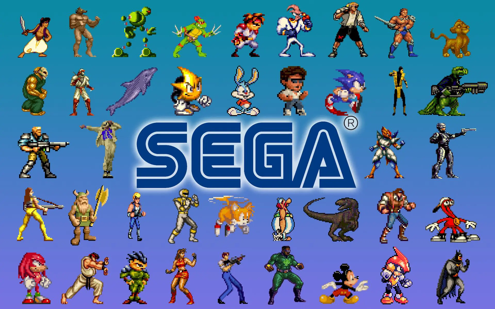 Logo com diversos personagens icônicos da SEGA.