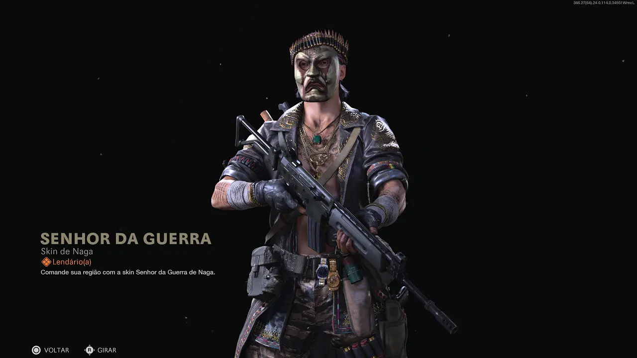 Operador Naga de Call of Duty com a skin Senhor da Guerra, segurando uma arma e com uma máscara tampando o rosto todo