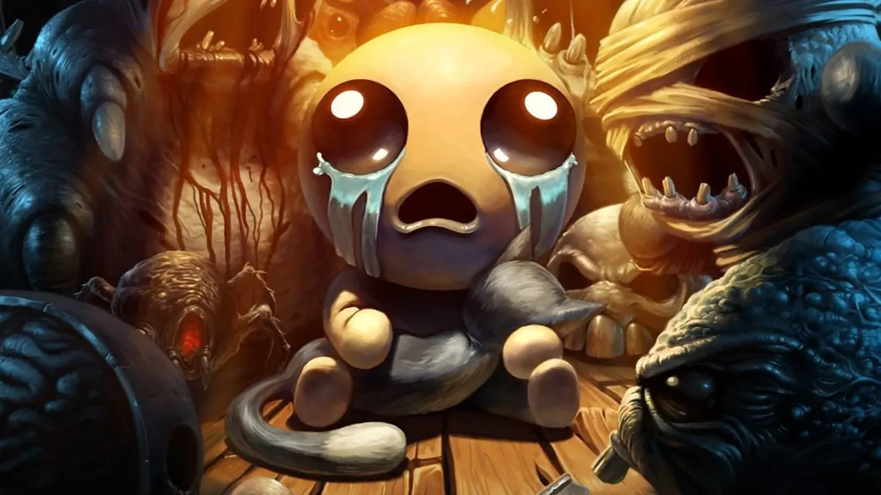 Isacc rodeado por monstros em The Binding of Isaac: Repentance.