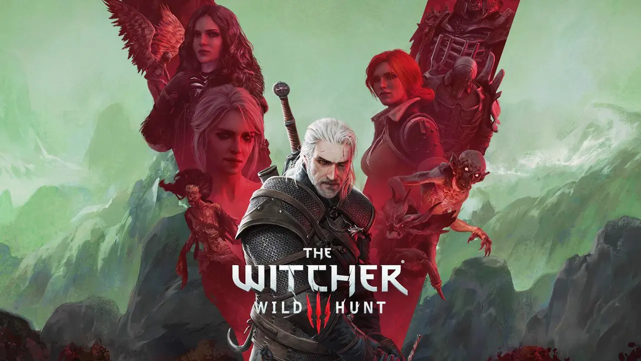 Arte oficial de The Witcher 3 com os protagonistas do jogo.