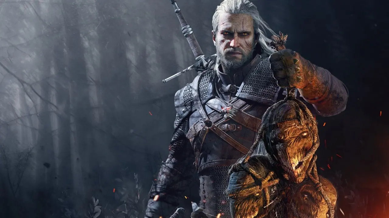 Geralt de Rivia segurando a cabeça de um monstro abatido em The Witcher 3