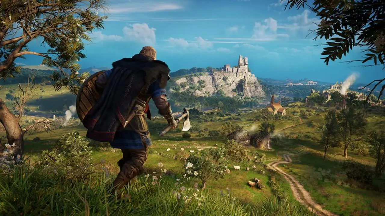 Eivor, Viking de Assassin's Creed Valhalla, em uma colina olhando para a paisagem europeia.
