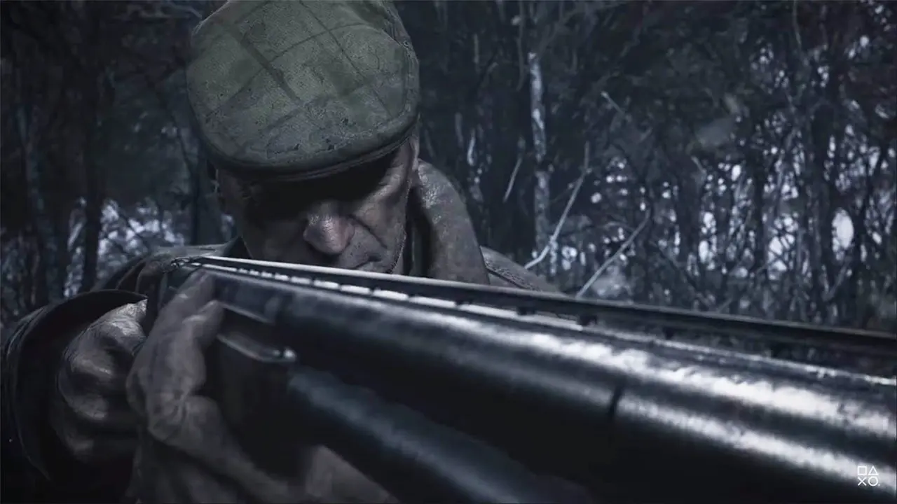 Áudio 3D: velho de Resident Evil Village segurando uma espingarda.